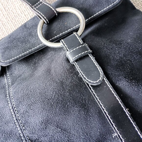 Estée Lauder Soft Black Suede Shoulder Bag Double Silver Ring Detail - Picture 4 of 8